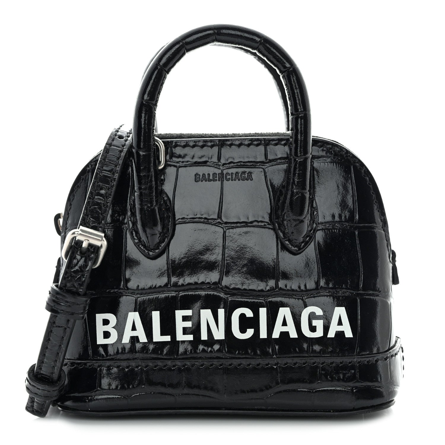 Balenciaga Shiny Calfskin Logo Crocodile Embossed Mini Ville Top Handle Bag Black 1 of 11