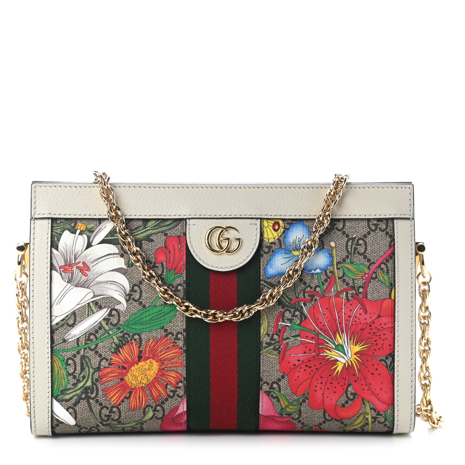 Gucci GG Supreme Monogram Flora Web Small Ophidia Chain Shoulder Bag White 1 of 6
