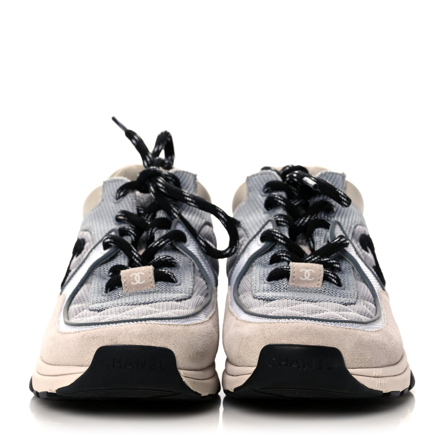 Mesh Suede Calfskin Grained Calfskin Womens CC Sneakers 37 Grey White Pink