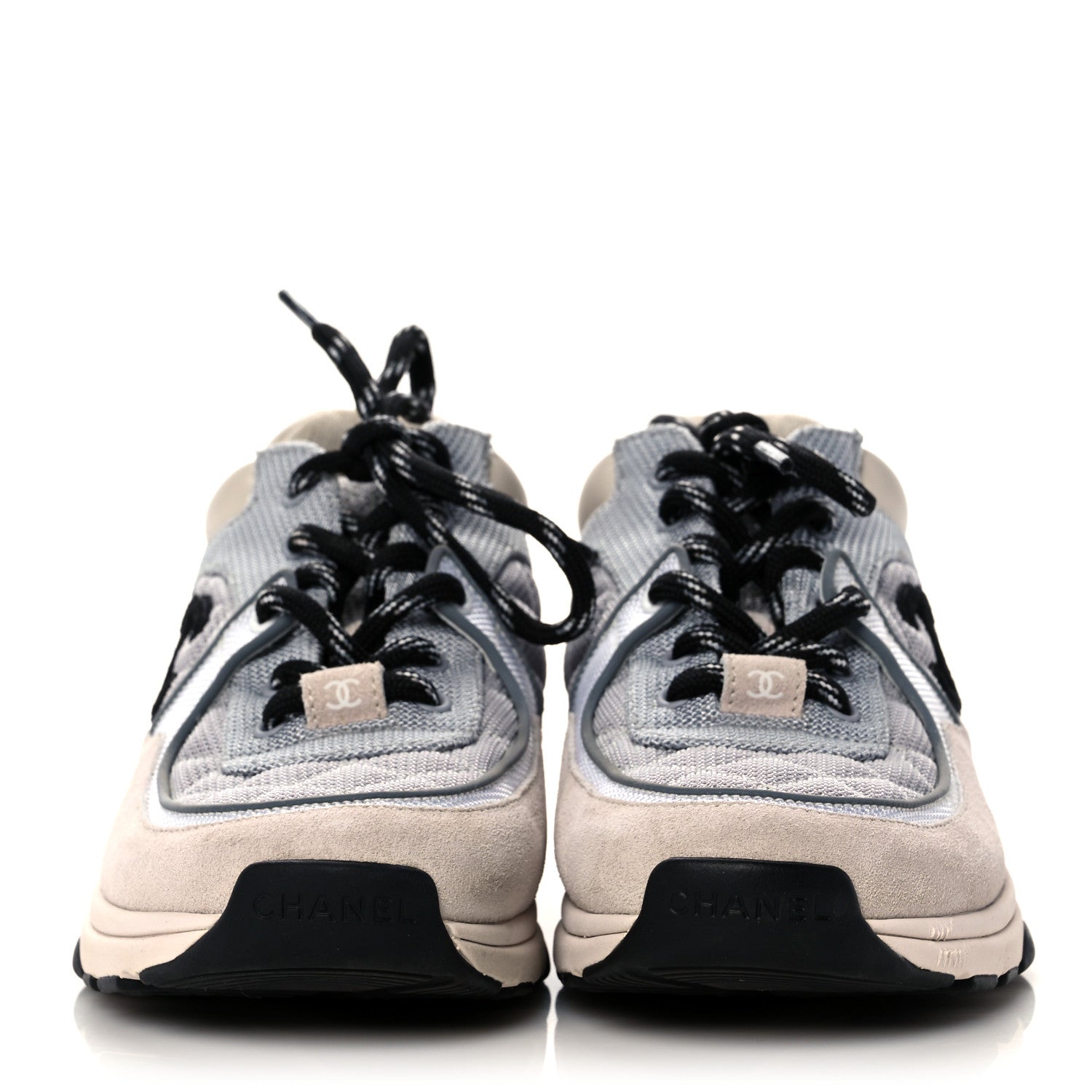 Chanel Mesh Suede Calfskin Grained Calfskin Womens CC Sneakers 37 Grey White Pink 2 of 8