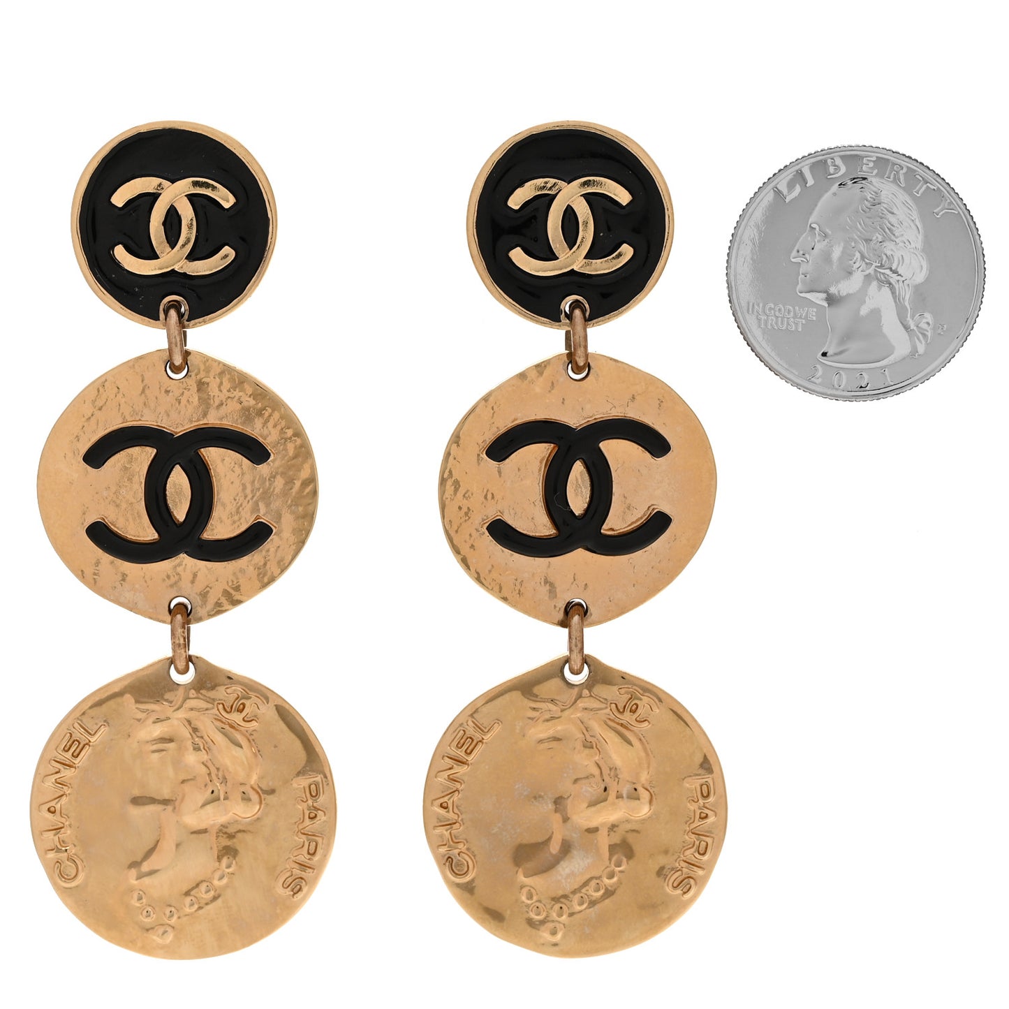 Enamel CC Disc Drop Medallion Earrings Gold Black