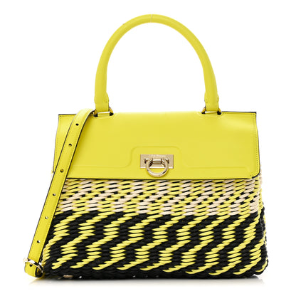 Salvatore Ferragamo Woven Calfskin Trifolio Top Handle Bag Yellow Black 1 of 15