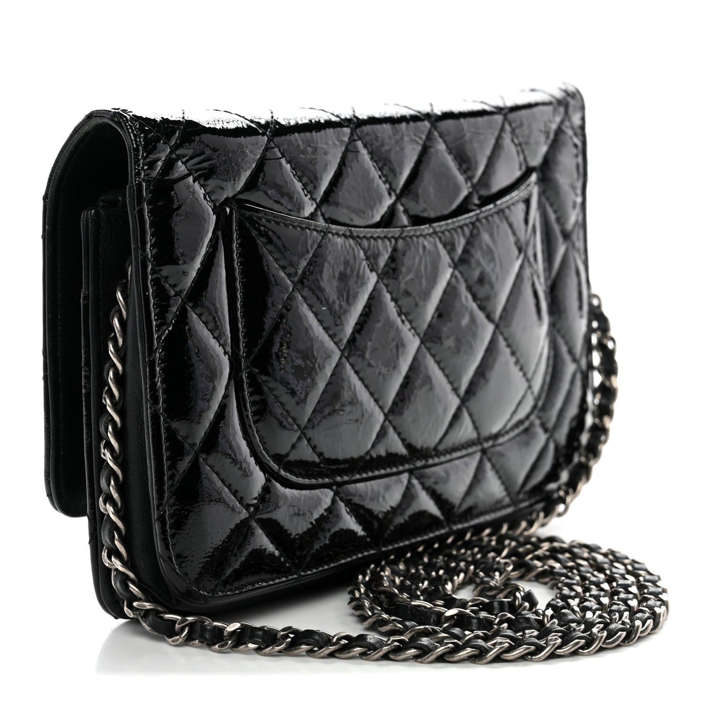 Distressed Patent Calfskin Quilted Reissue Wallet On Chain WOC Black