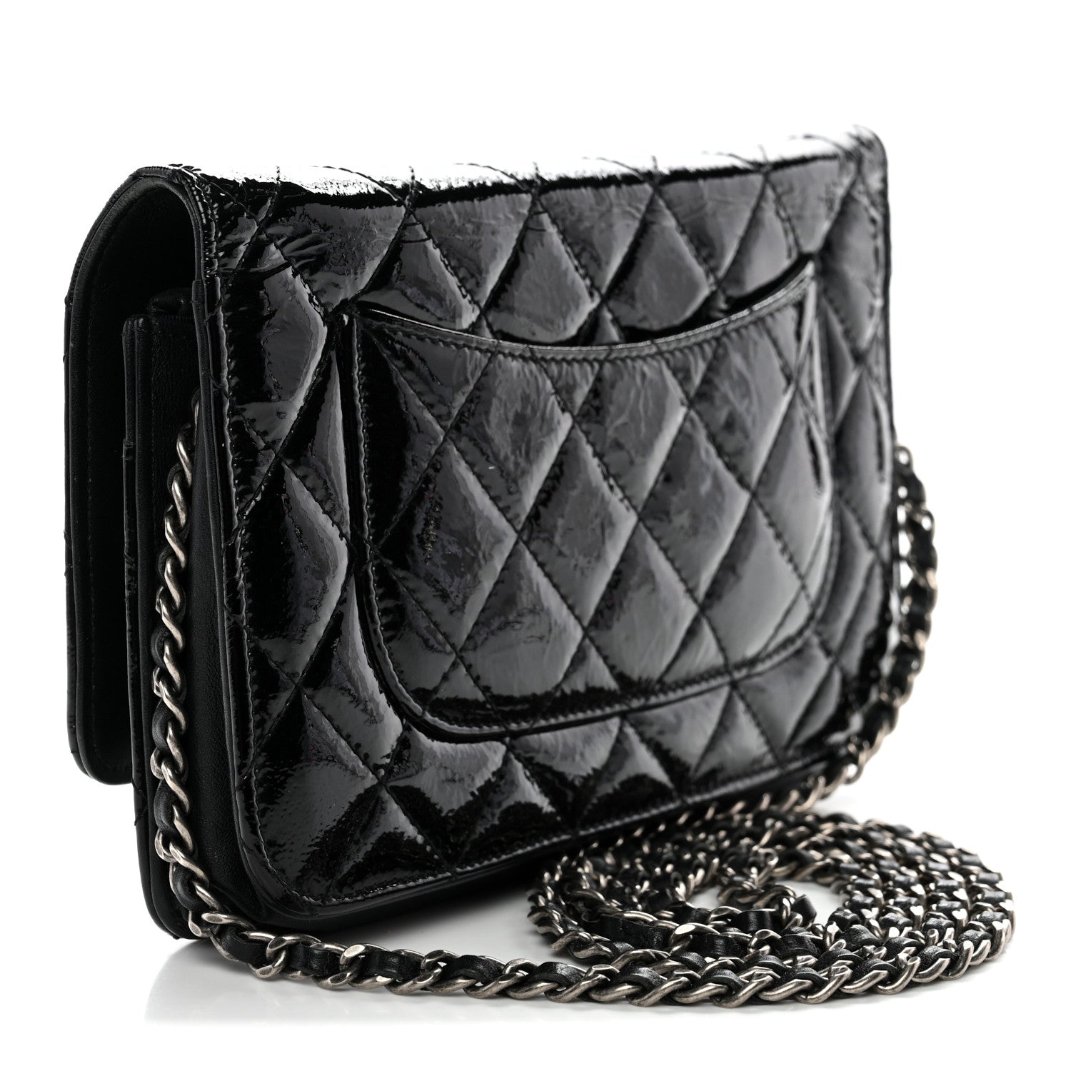 Chanel Distressed Patent Calfskin Quilted Reissue Wallet On Chain WOC Black 3 of 14