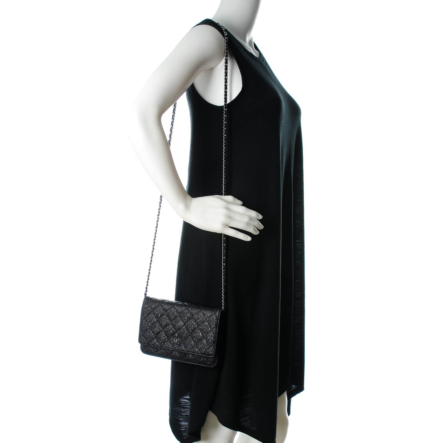 Chanel Crackled Calfskin Wallet On Chain WOC Black 2 of 6