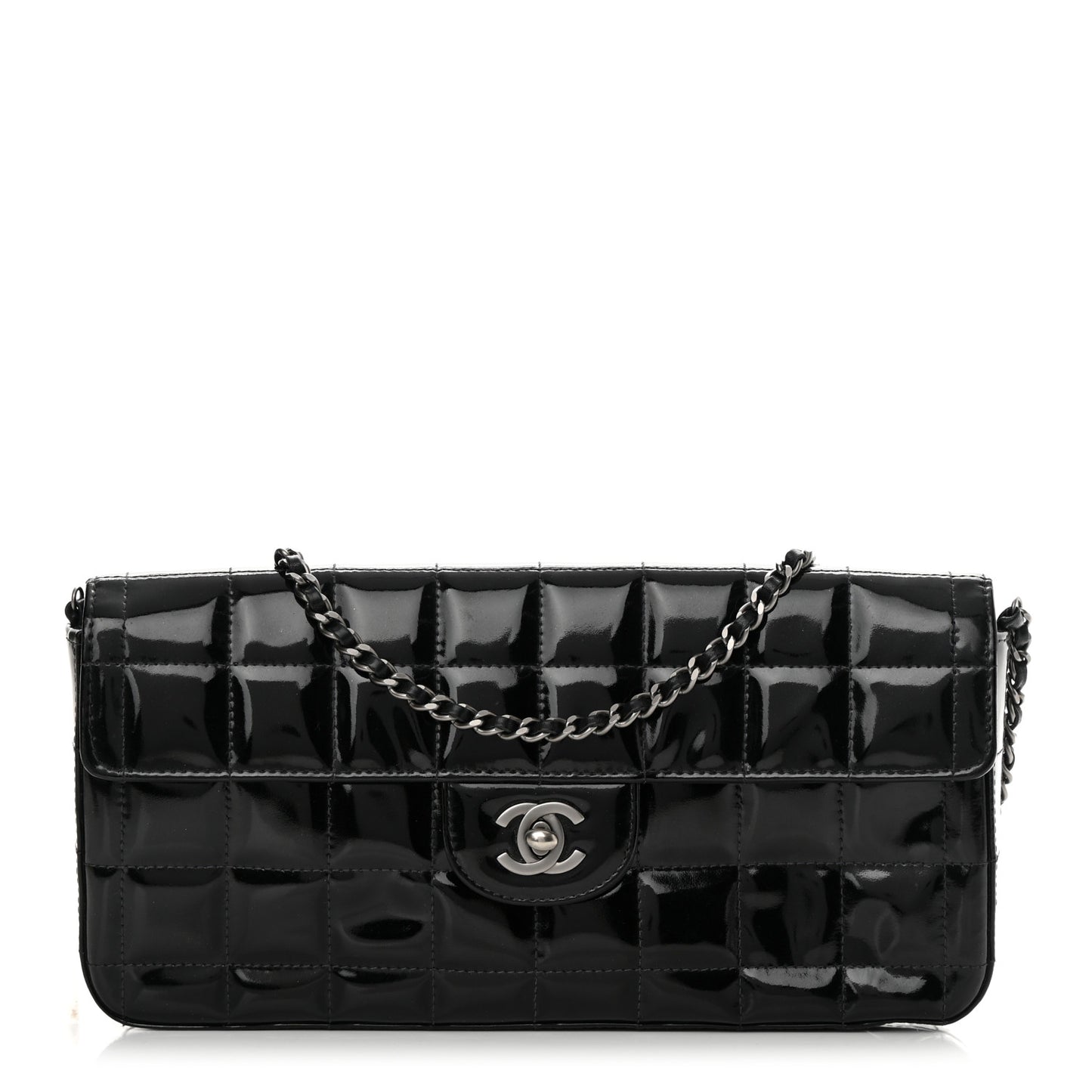 Patent Quilted East West Chocolate Bar Flap Black