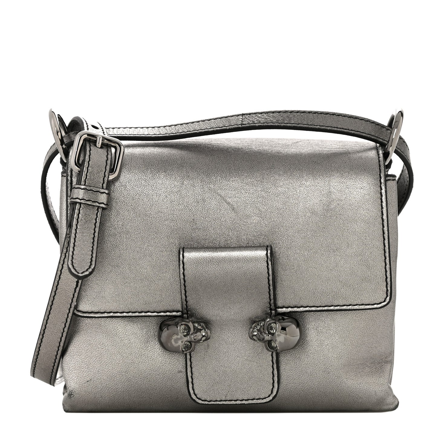 Metallic Small Twin Skull Chain Crossbody Antique Silver