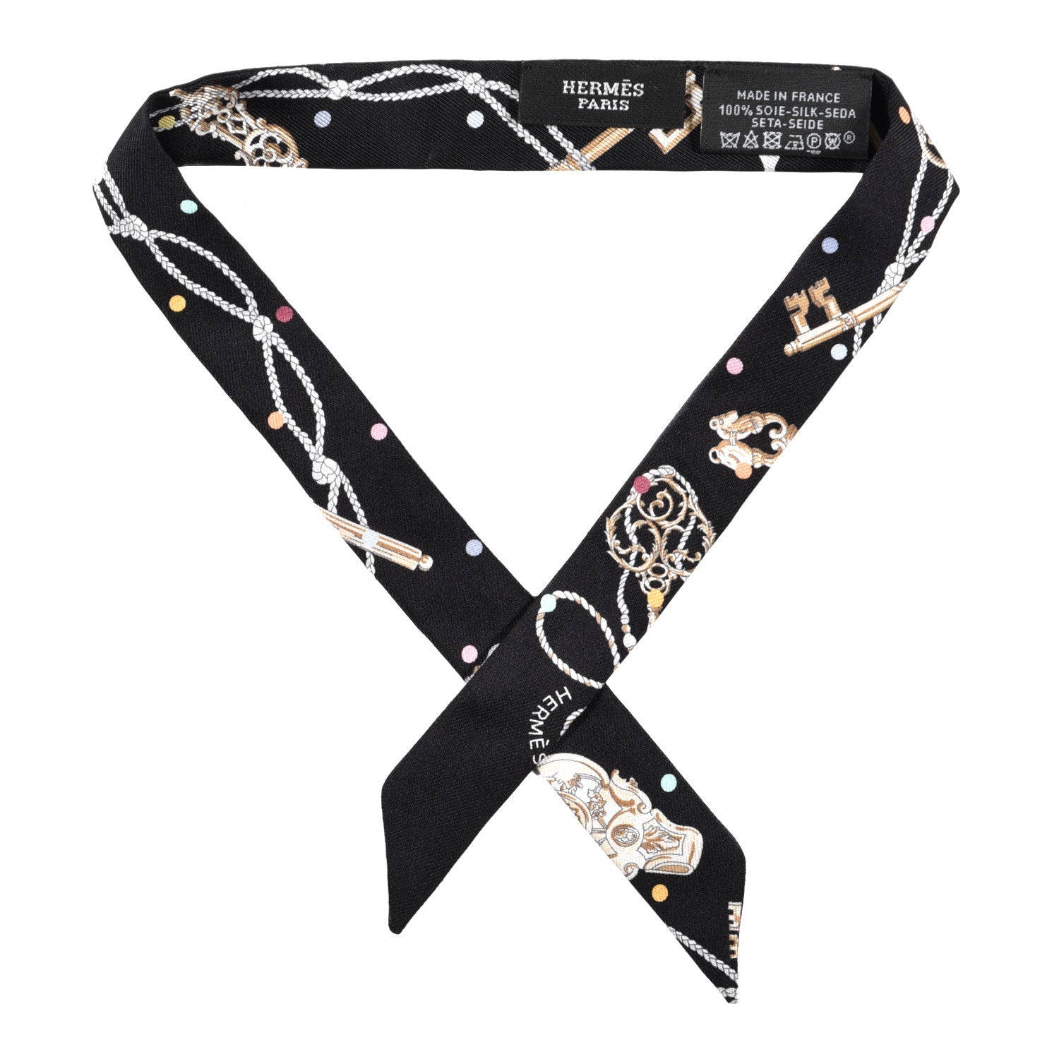 Hermes Silk Les Cles A Pois Doll Twilly Black Beige Rose 1 of 3
