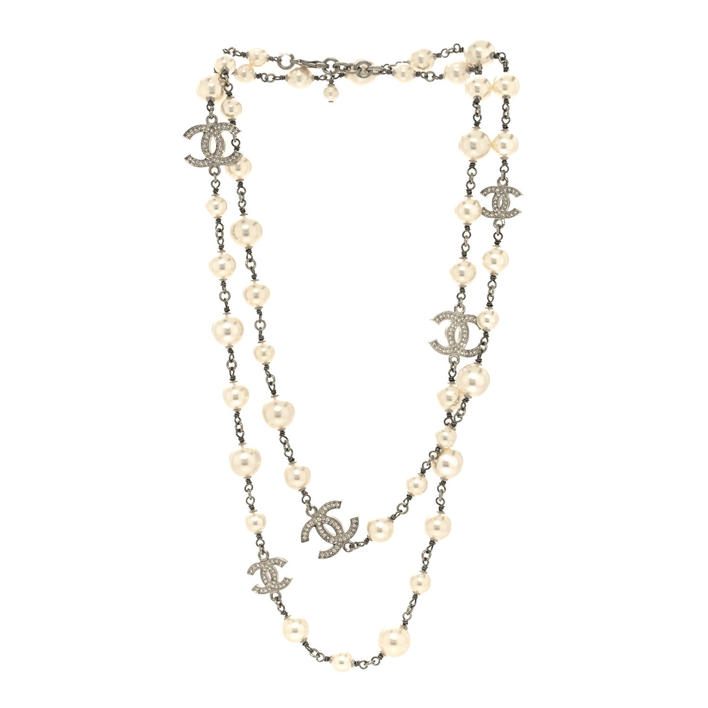 Crystal Pearl CC Long Necklace Silver