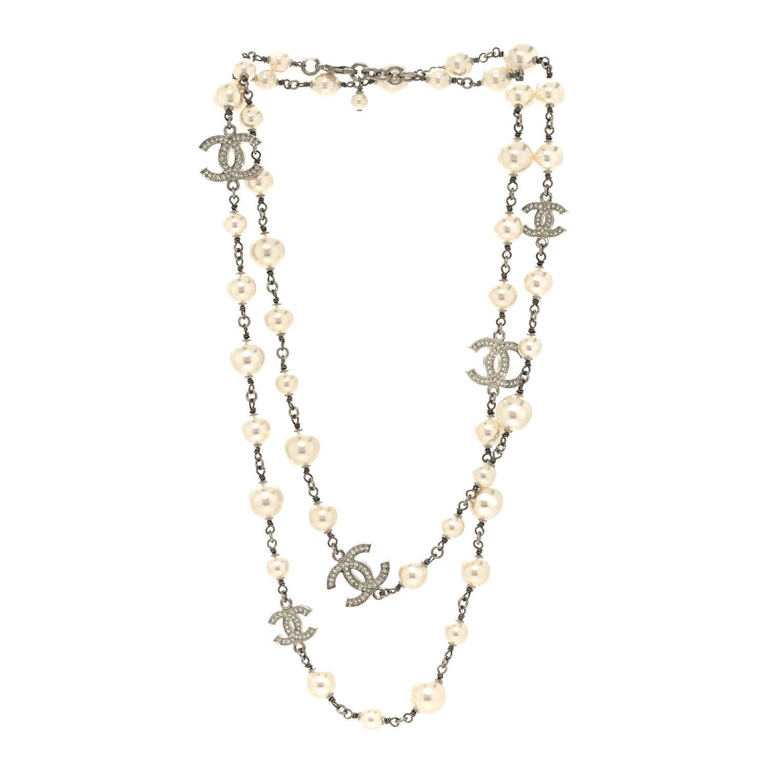Chanel Crystal Pearl CC Long Necklace Silver 3 of 5
