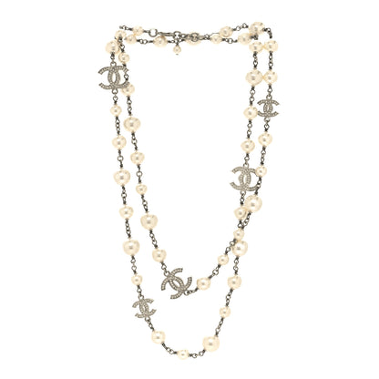 Chanel Crystal Pearl CC Long Necklace Silver 3 of 5