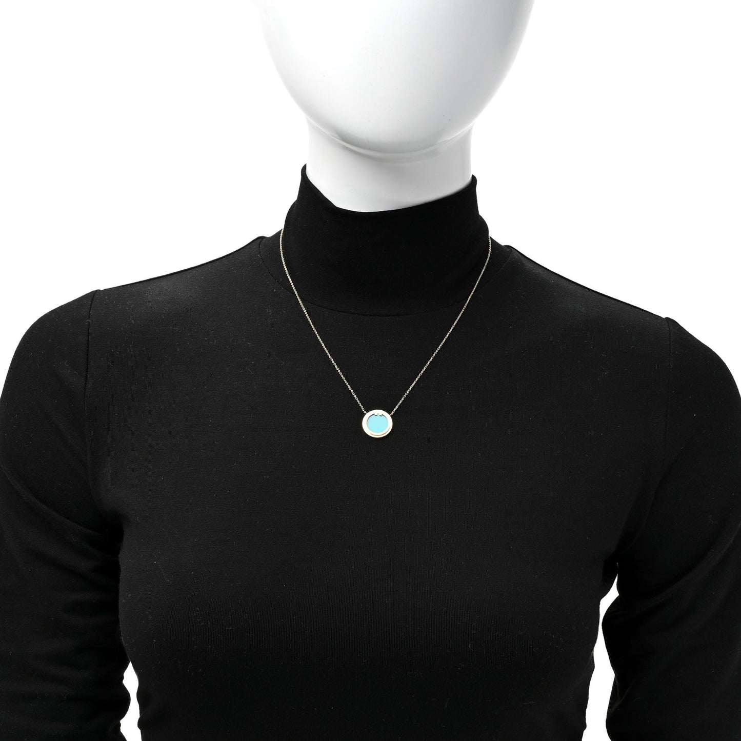 18K Yellow Gold Diamond Turquoise T Circle Pendant Necklace