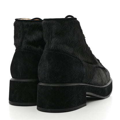 Chanel Suede Pony Hair Shearling Lace Up Combat Boots 39 Black White 4 of 9