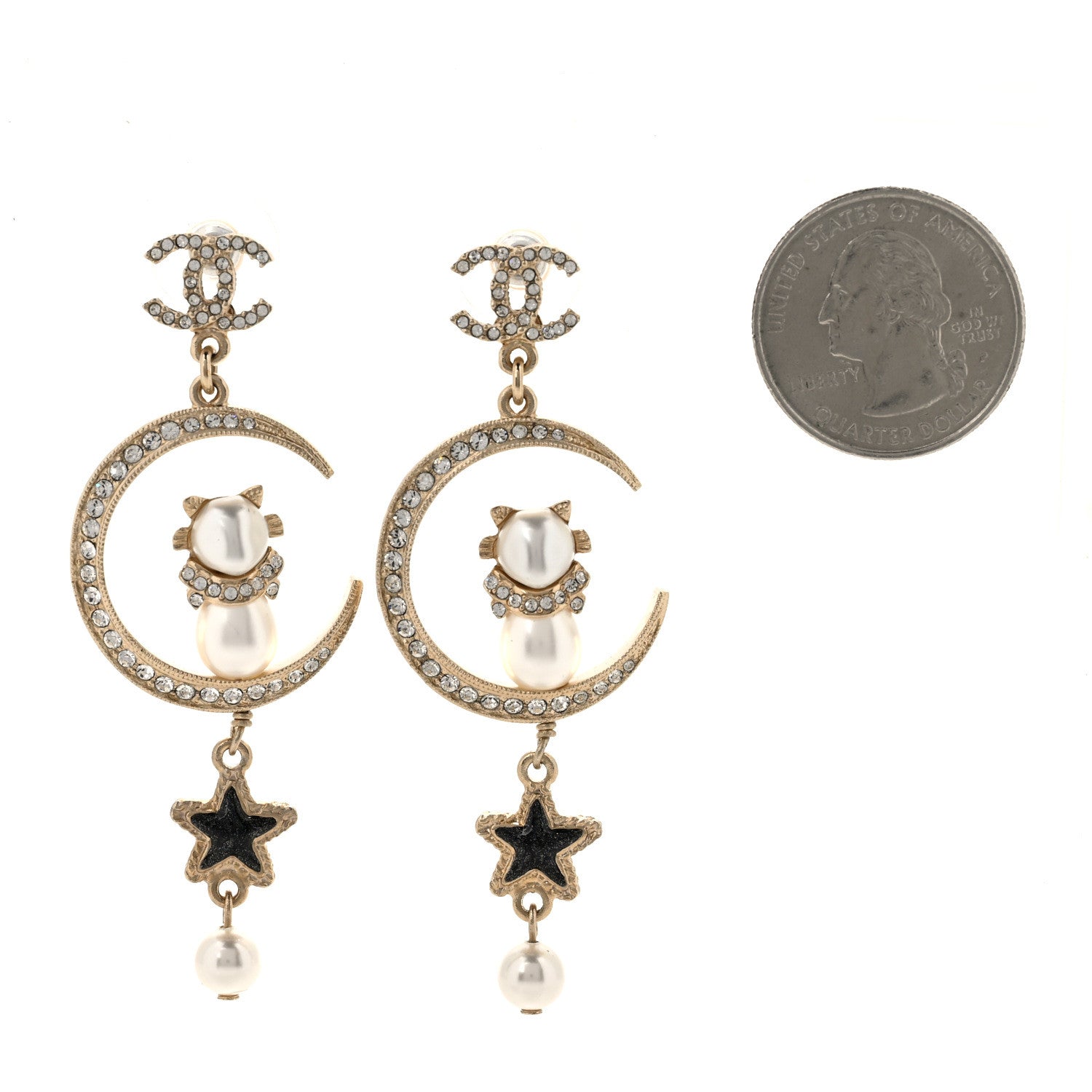 Chanel Metal Glass Crystal CC Cat Moon Earrings Gold 2 of 5