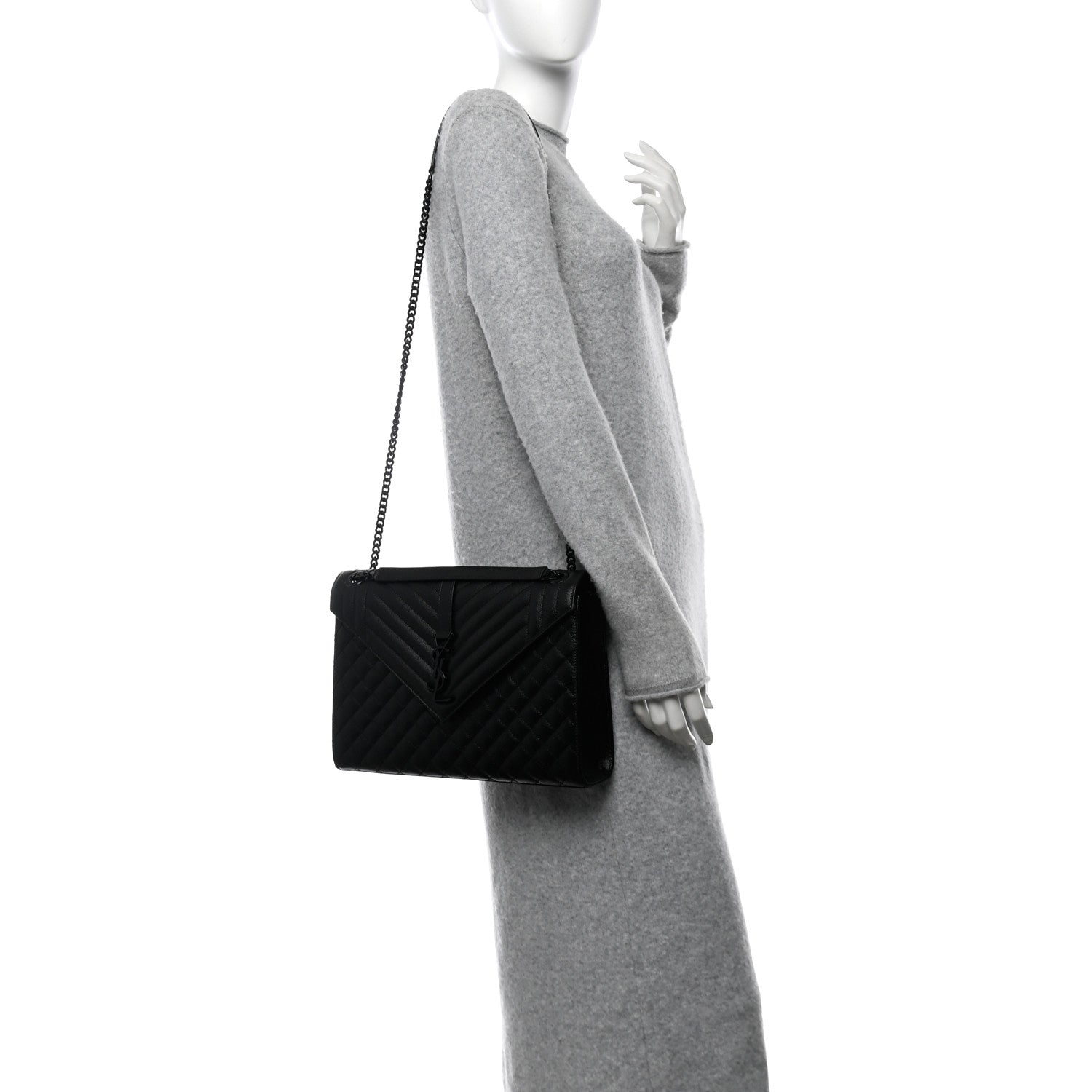 Saint Laurent Grain De Poudre Textured Mixed Matelasse Large Triquilt Monogram Monochrome Satchel Black 2 of 9