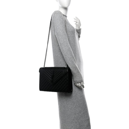 Saint Laurent Grain De Poudre Textured Mixed Matelasse Large Triquilt Monogram Monochrome Satchel Black 2 of 9