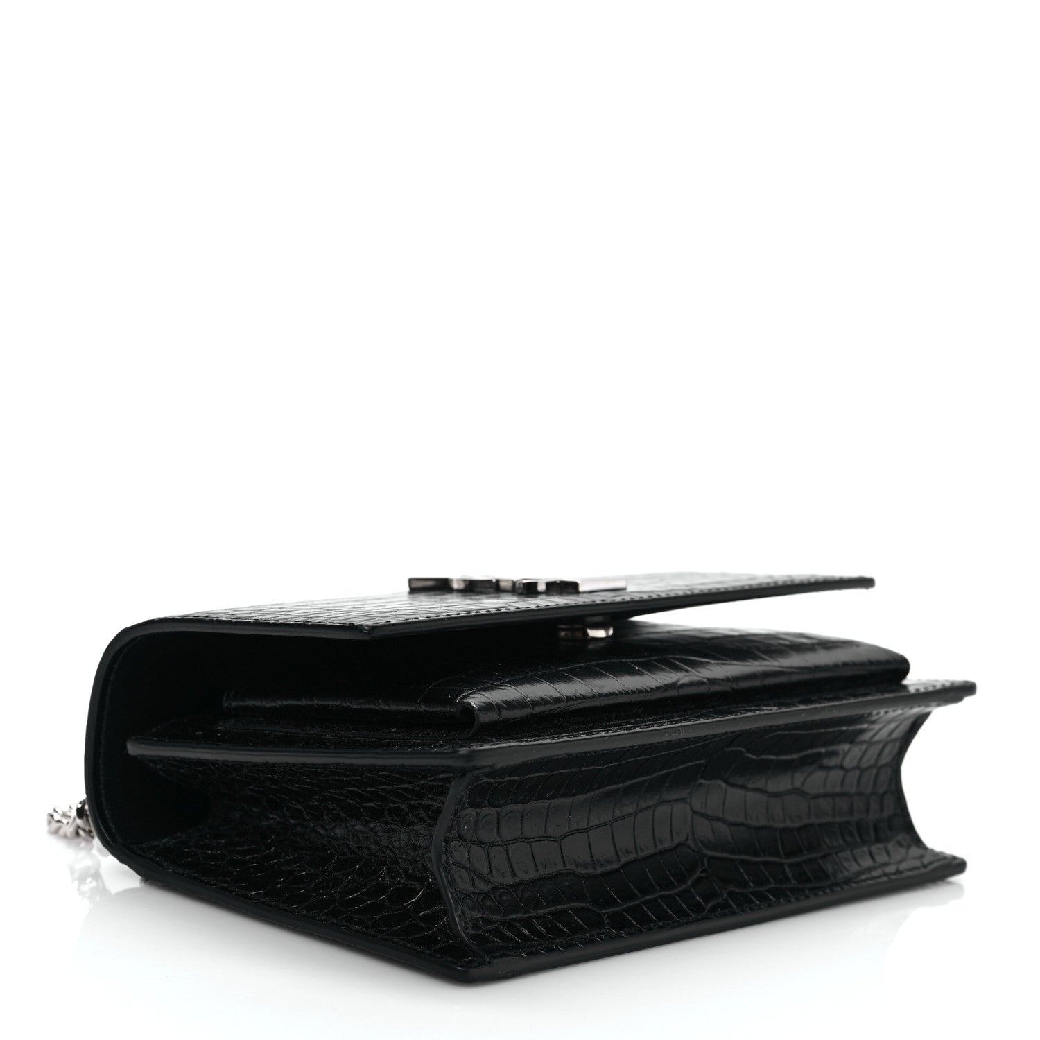 Saint Laurent Calfskin Crocodile Embossed Monogram Sunset Chain Wallet Black 4 of 8