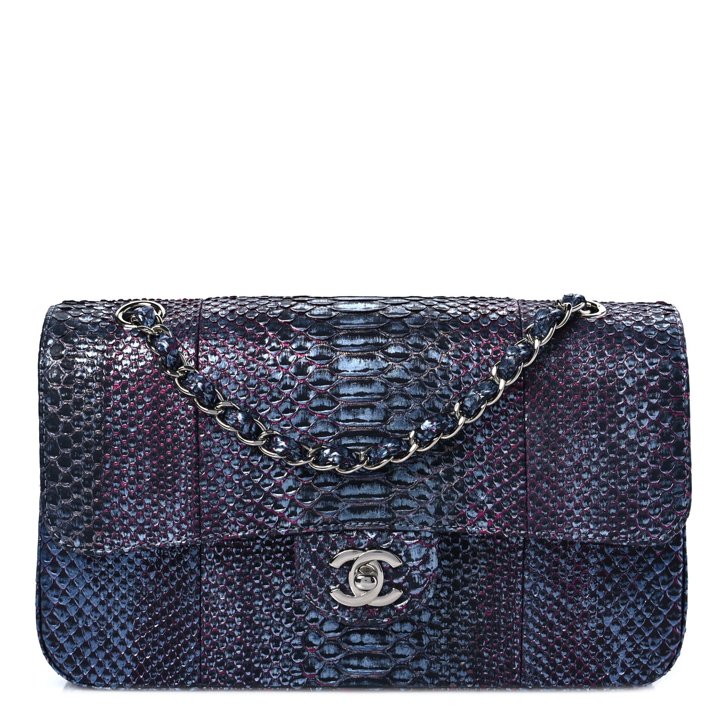 Metallic Snakeskin Medium Double Flap Light Blue Pink