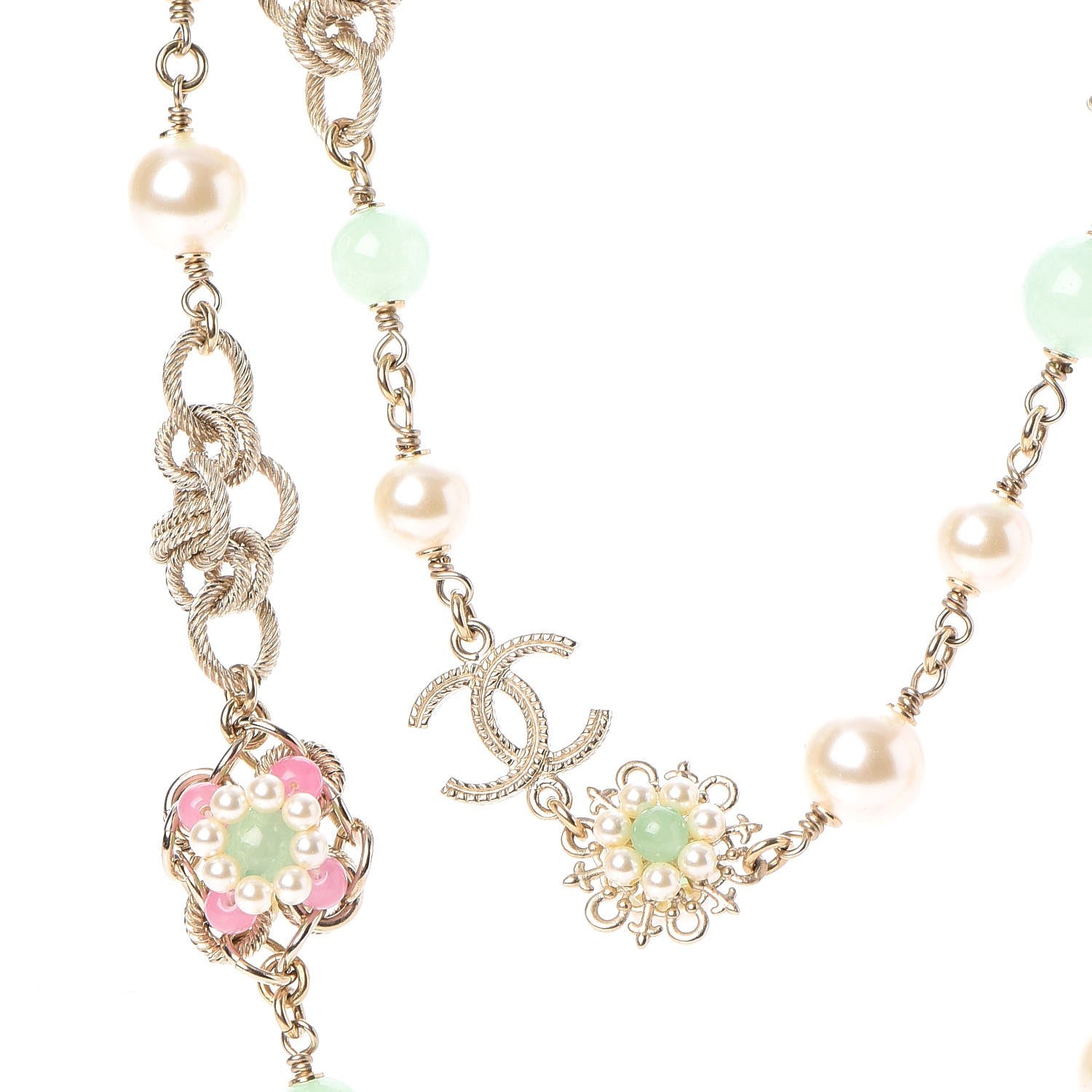 Chanel Pearl Beaded CC Long Necklace Pink Green 4 of 7