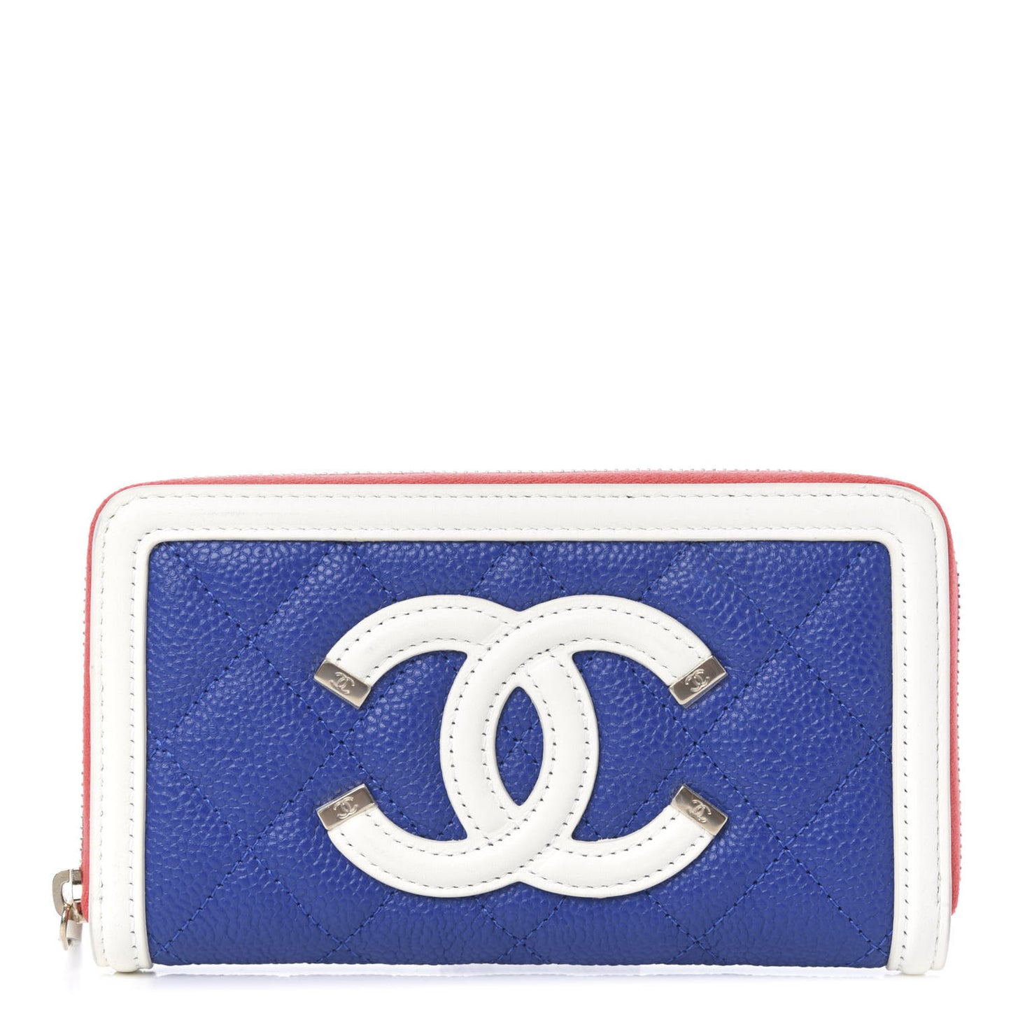 Caviar Quilted Medium Filigree Zip Around Wallet Blue White Red
