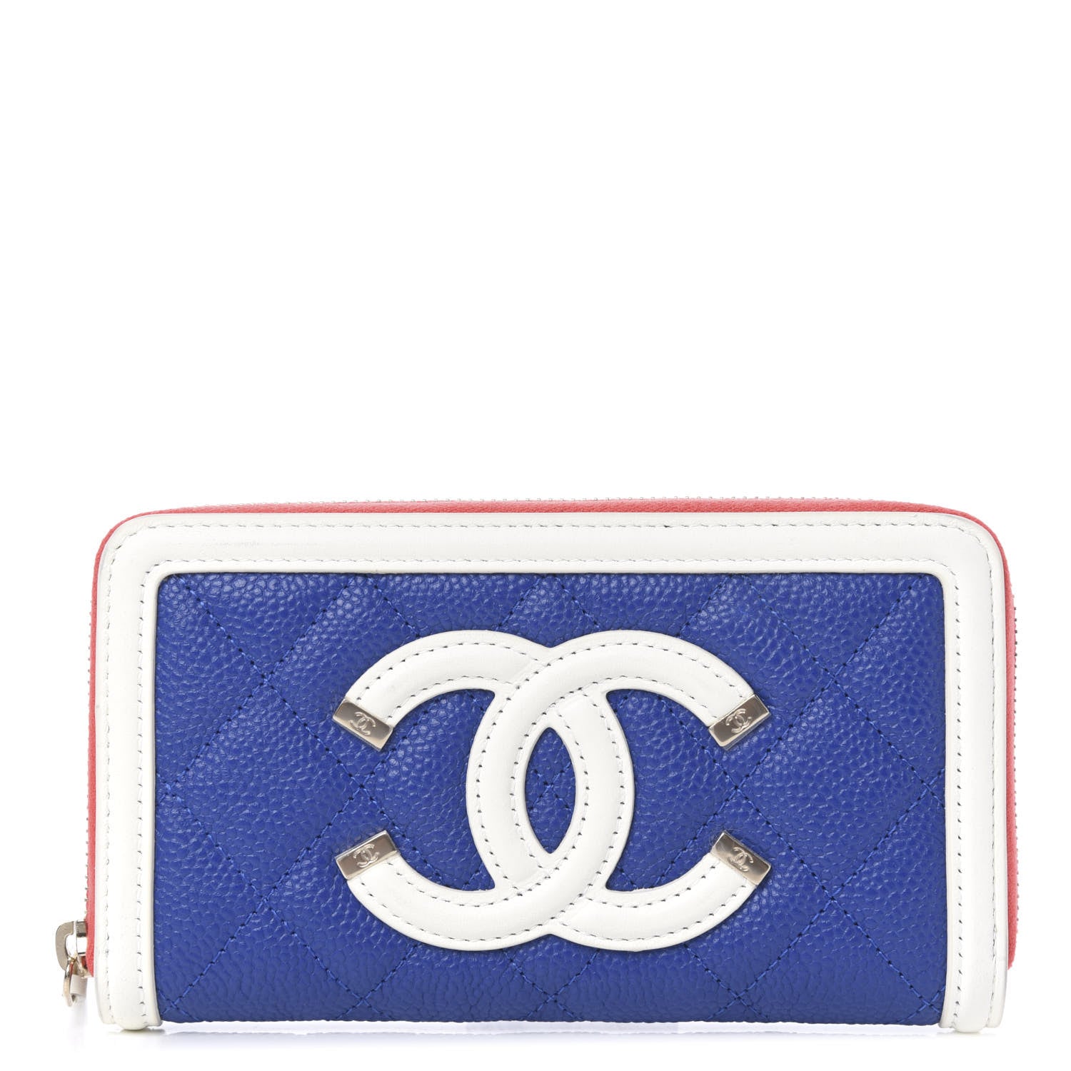 Chanel Caviar Quilted Medium Filigree Zip Around Wallet Blue White Red 1 of 12