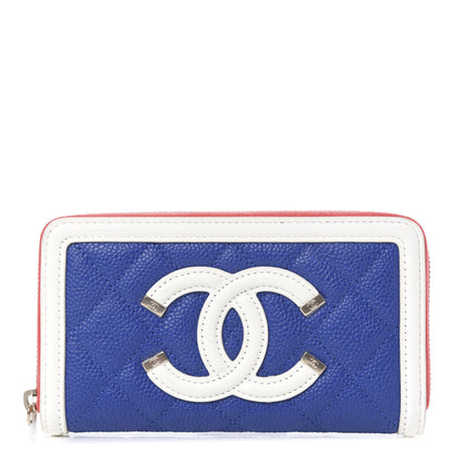 Chanel Caviar Quilted Medium Filigree Zip Around Wallet Blue White Red 1 of 12