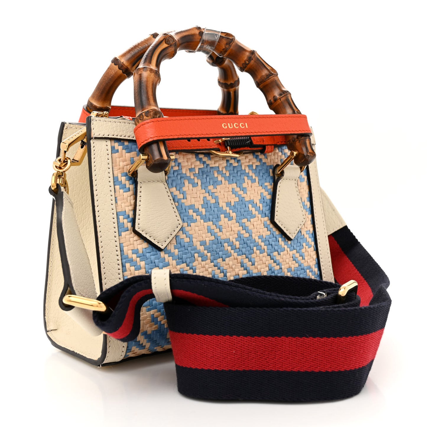 Raffia Textured Dollar Calfskin Web Houndstooth Mini Diana Tote Bag Light Blue Natural Deep Orange