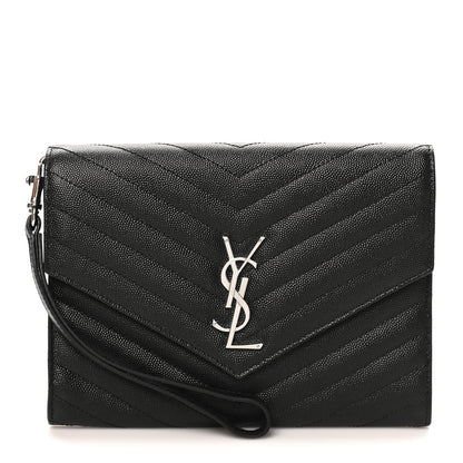 Saint Laurent Grain De Poudre Matelasse Chevron Monogram Envelope Clutch Black 1 of 9