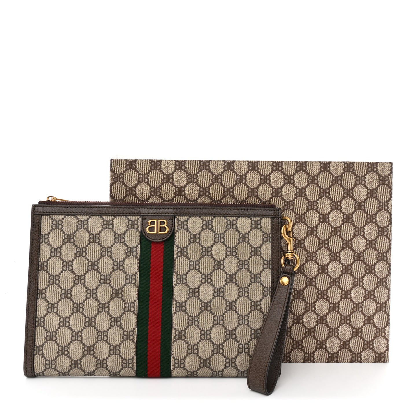 X BALENCIAGA BB Supreme Monogram Web Ophidia Wristlet Beige New Acero