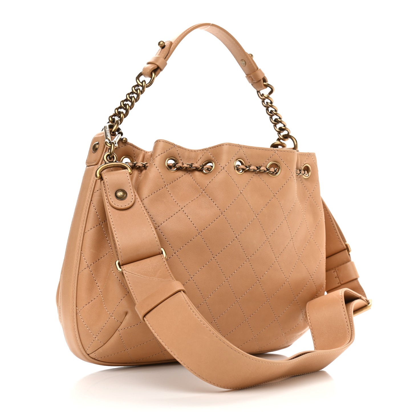 Calfskin Stitched Medium Drawstring CC Bag Beige