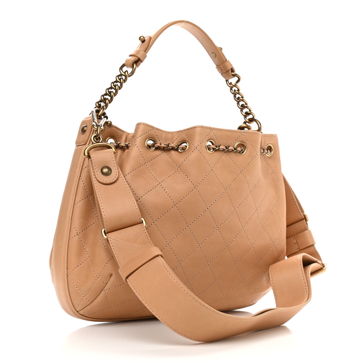 Chanel Calfskin Stitched Medium Drawstring CC Bag Beige 3 of 9