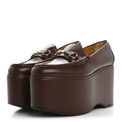 Gucci Ancora Calfskin Womens Horsebit Platform Loafers 37.5 Brown 4 of 13