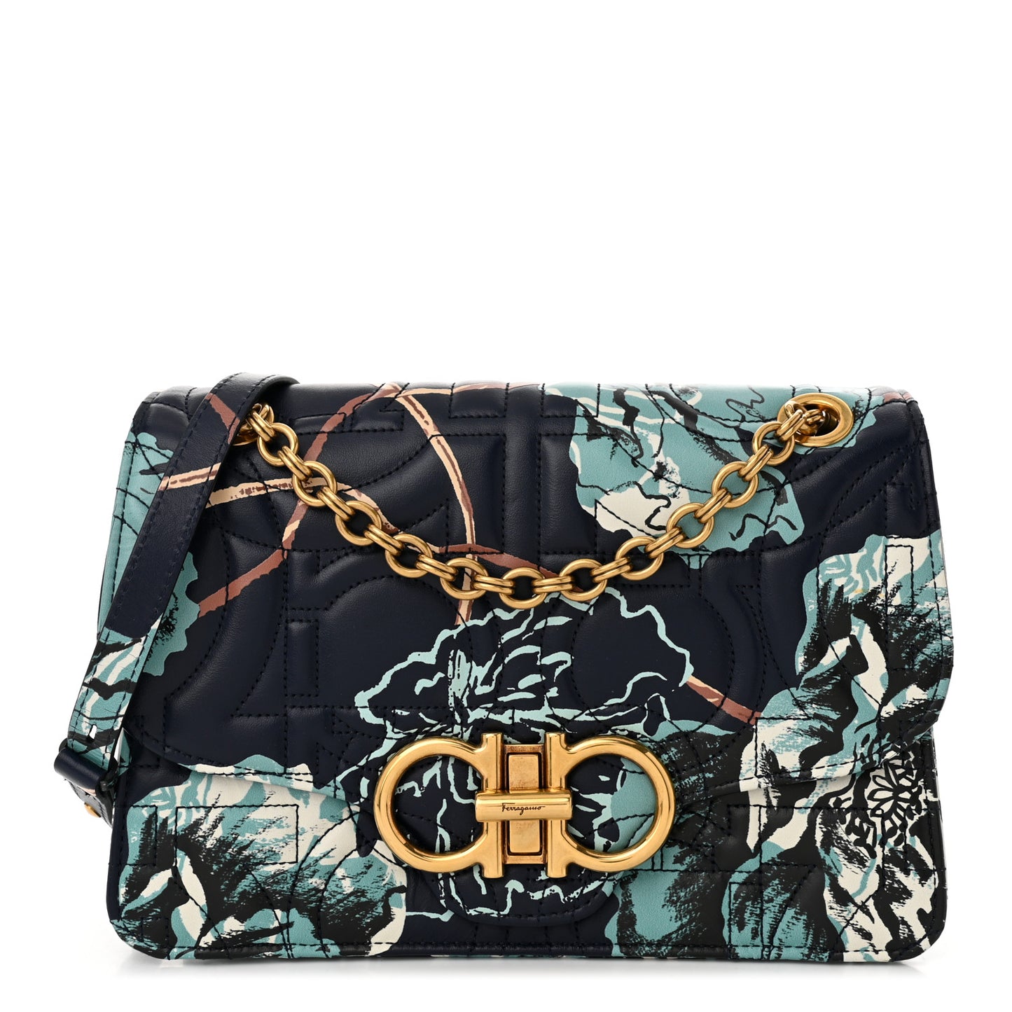 Calfskin Quilted Floral Printed Gancini Flap Bag Blue Multicolor