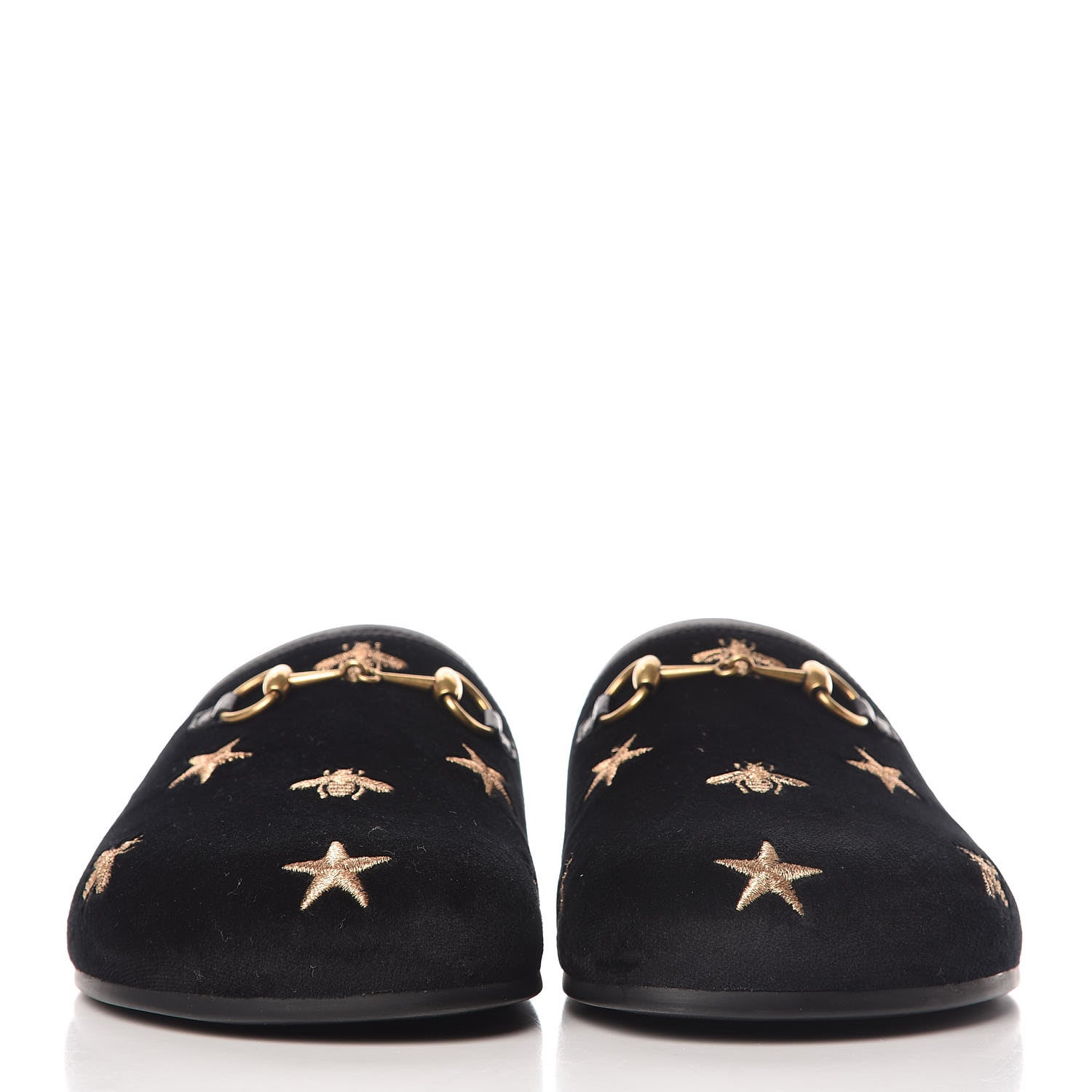 Gucci Softy Velvet Malaga Kid Bee Star Embroidered Womens Horsebit River Slippers 37 Black 2 of 10