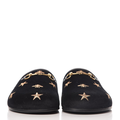 Gucci Softy Velvet Malaga Kid Bee Star Embroidered Womens Horsebit River Slippers 37 Black 2 of 10