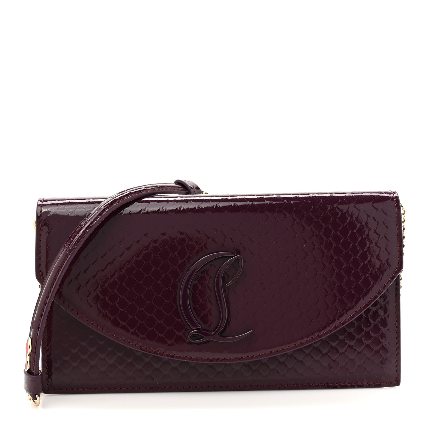 Patent Birdy Snakeskin Embossed Loubi54 Crossbody Clutch Merlot