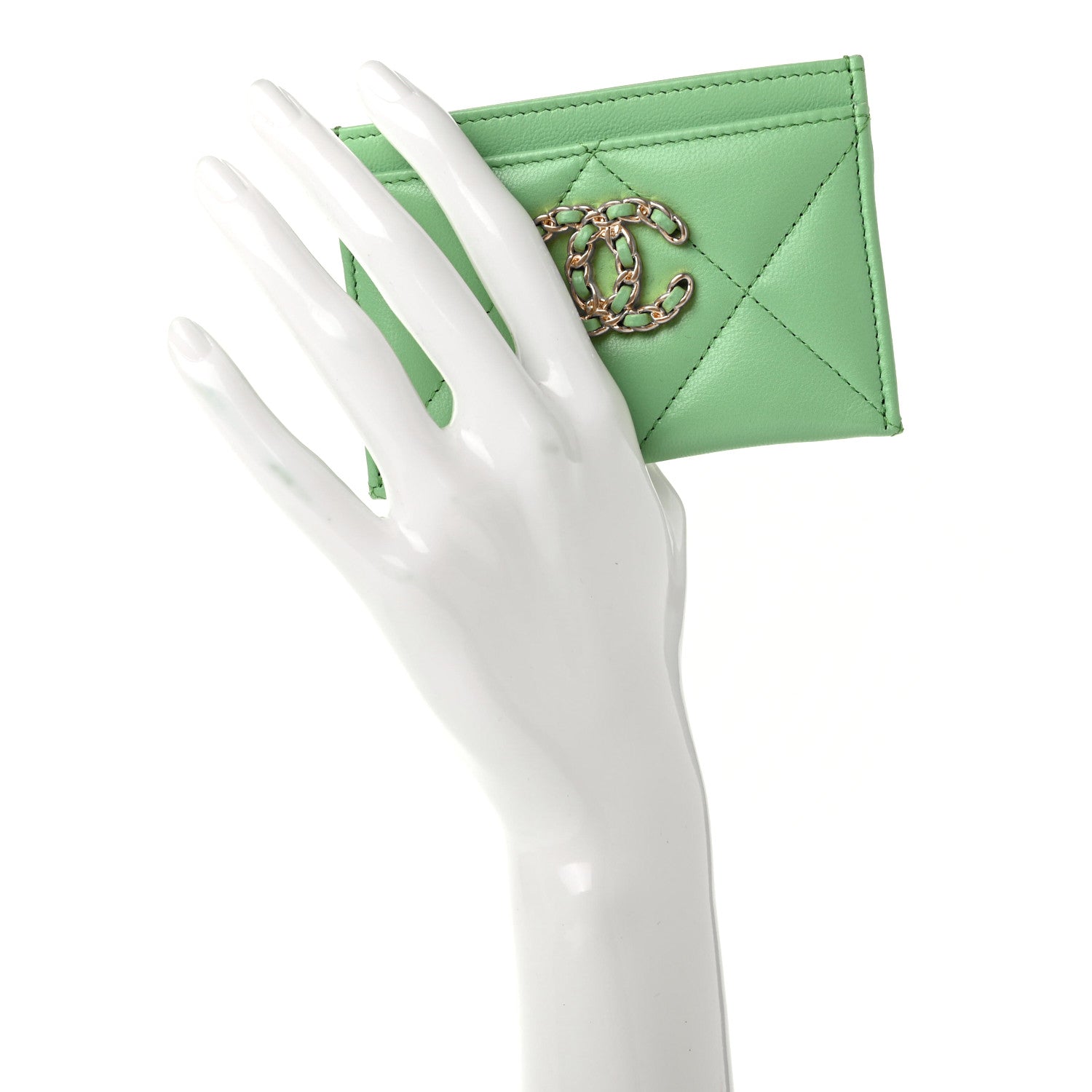 Chanel Shiny Goatskin Quilted Chanel 19 Card Holder Green 2 of 9