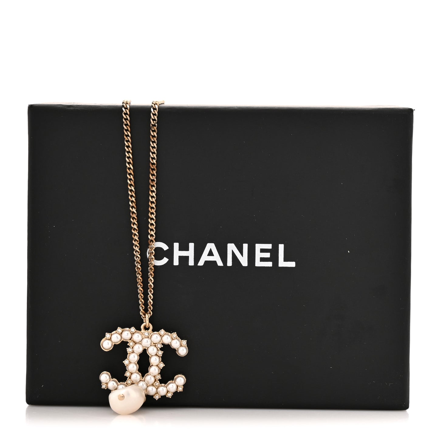 Crystal Pearl CC Drop Necklace Gold