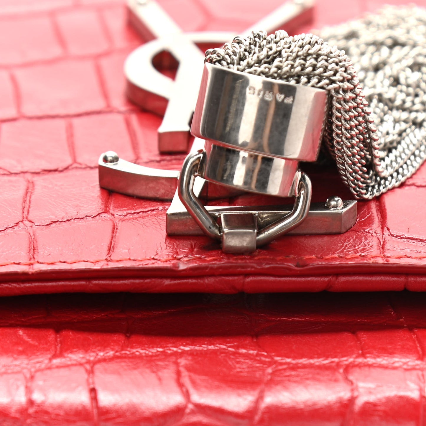 Calfskin Crocodile Embossed Medium Classic Monogram Kate Tassel Satchel Red