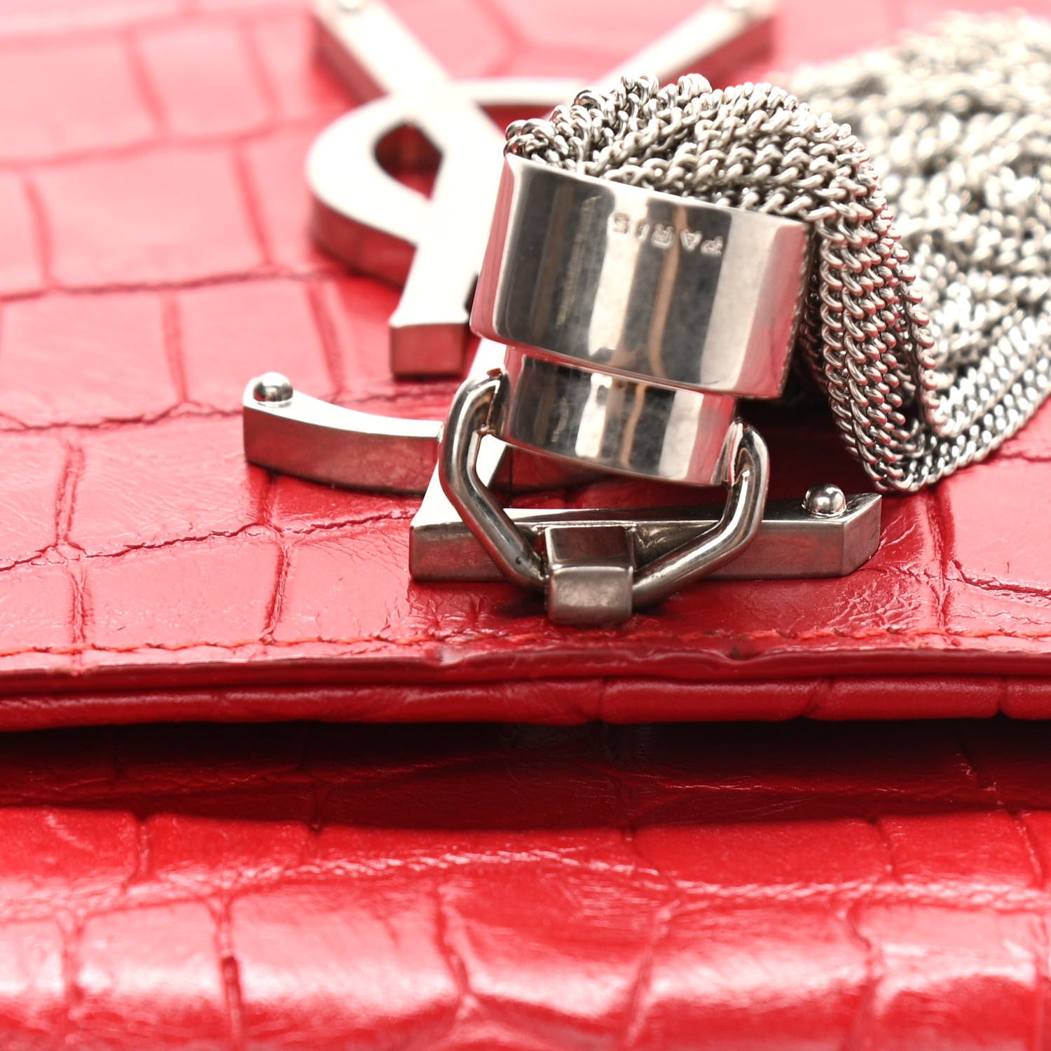 Saint Laurent Calfskin Crocodile Embossed Medium Classic Monogram Kate Tassel Satchel Red 14 of 14