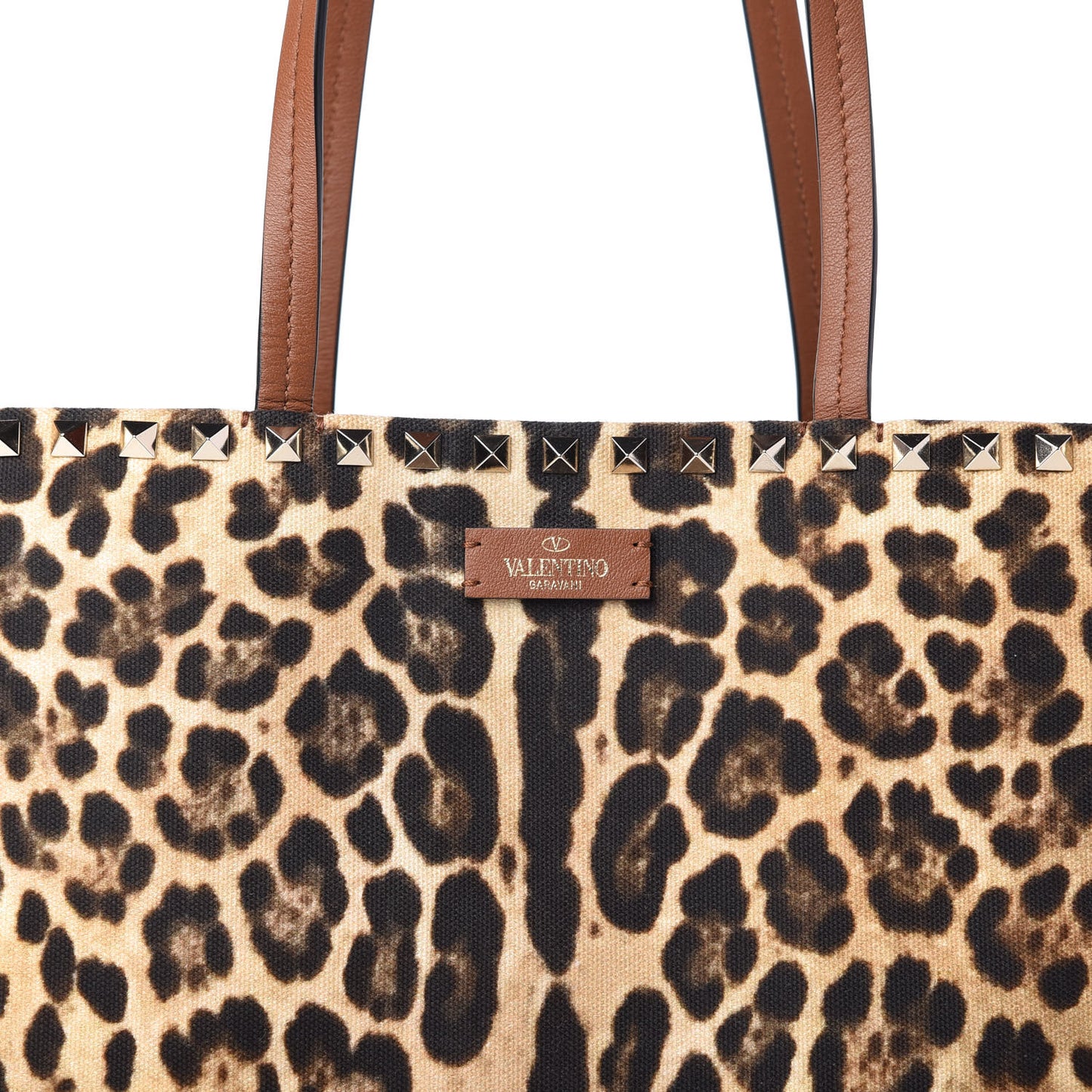 Canvas Nappa Leopard Print Rockstud Tote Brown