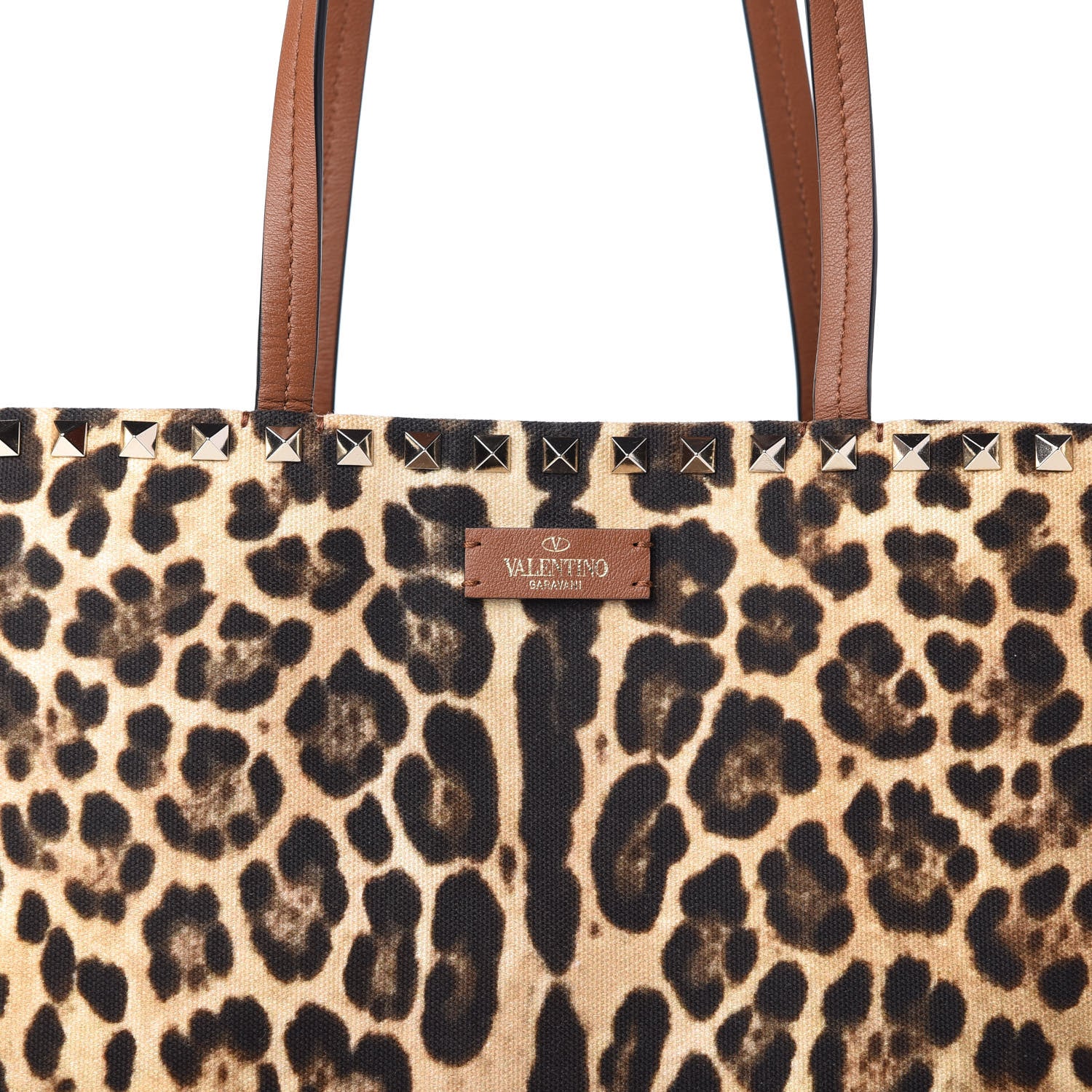 Valentino Garavani Canvas Nappa Leopard Print Rockstud Tote Brown 9 of 9