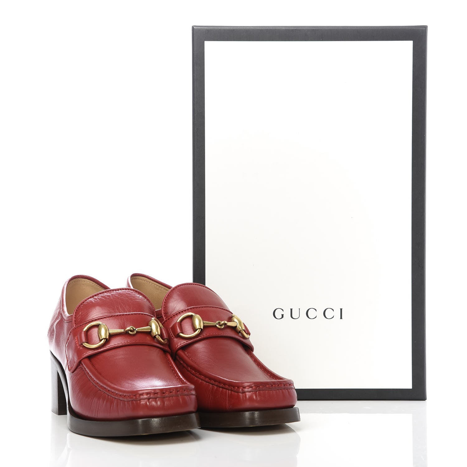 Gucci Malaga Kid Horsebit Mid Heel Loafers 35 Red 10 of 10