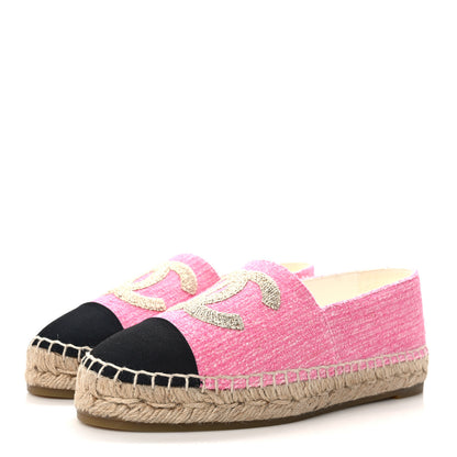 Chanel Tweed Grosgrain CC Espadrilles 36 Pink Ivory Gold Black 3 of 9