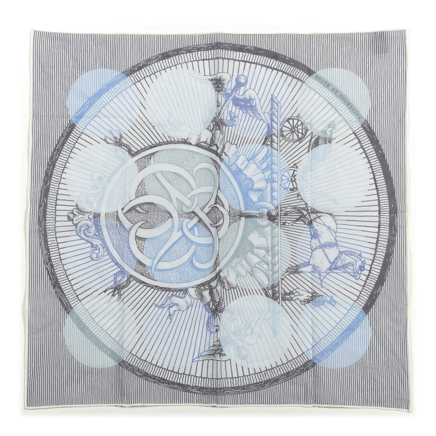 Cotton Horse Carriage Motif Pocket Square Blue White