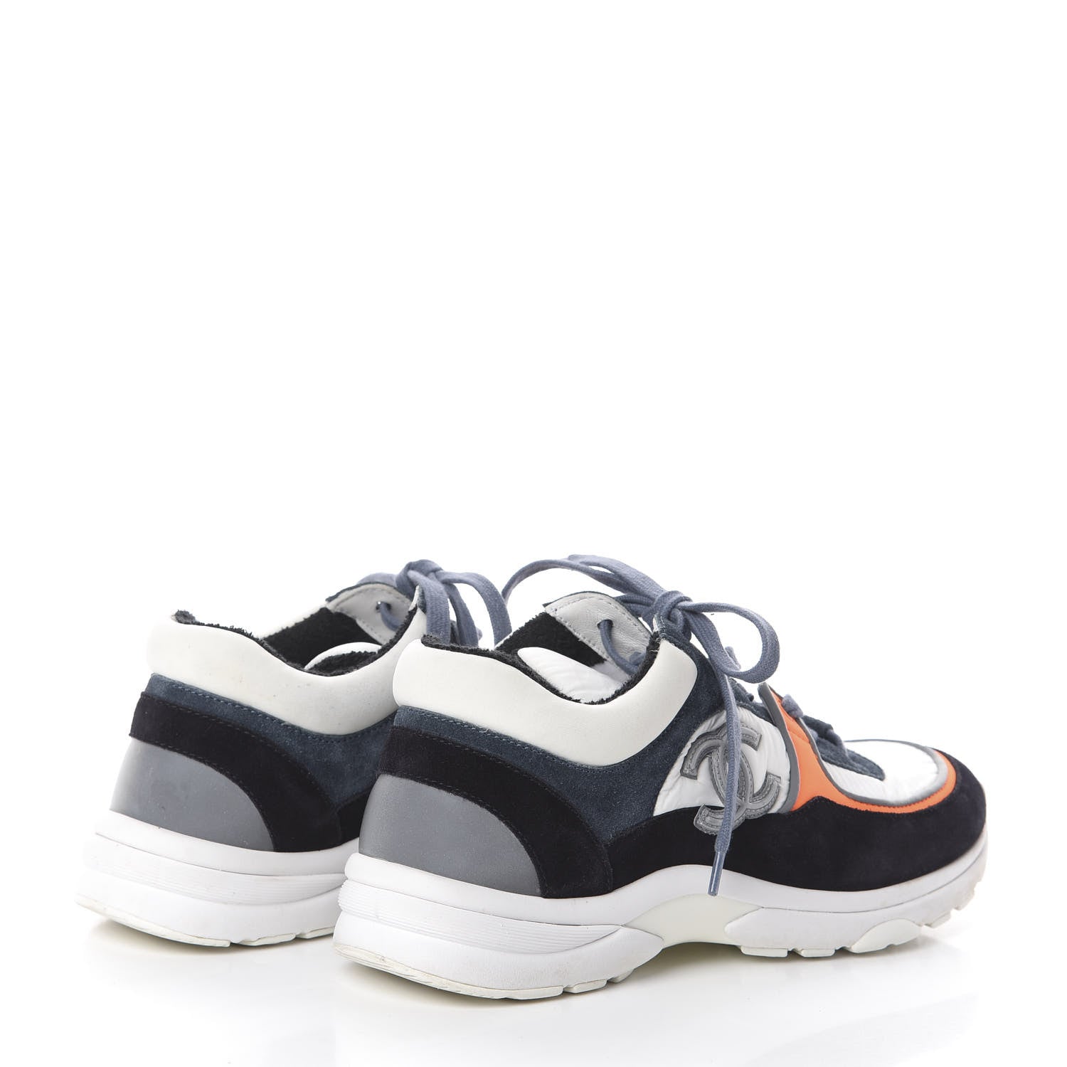 Chanel Nylon Calfskin Suede CC Womens Sneakers 37 Navy White Orange 4 of 6