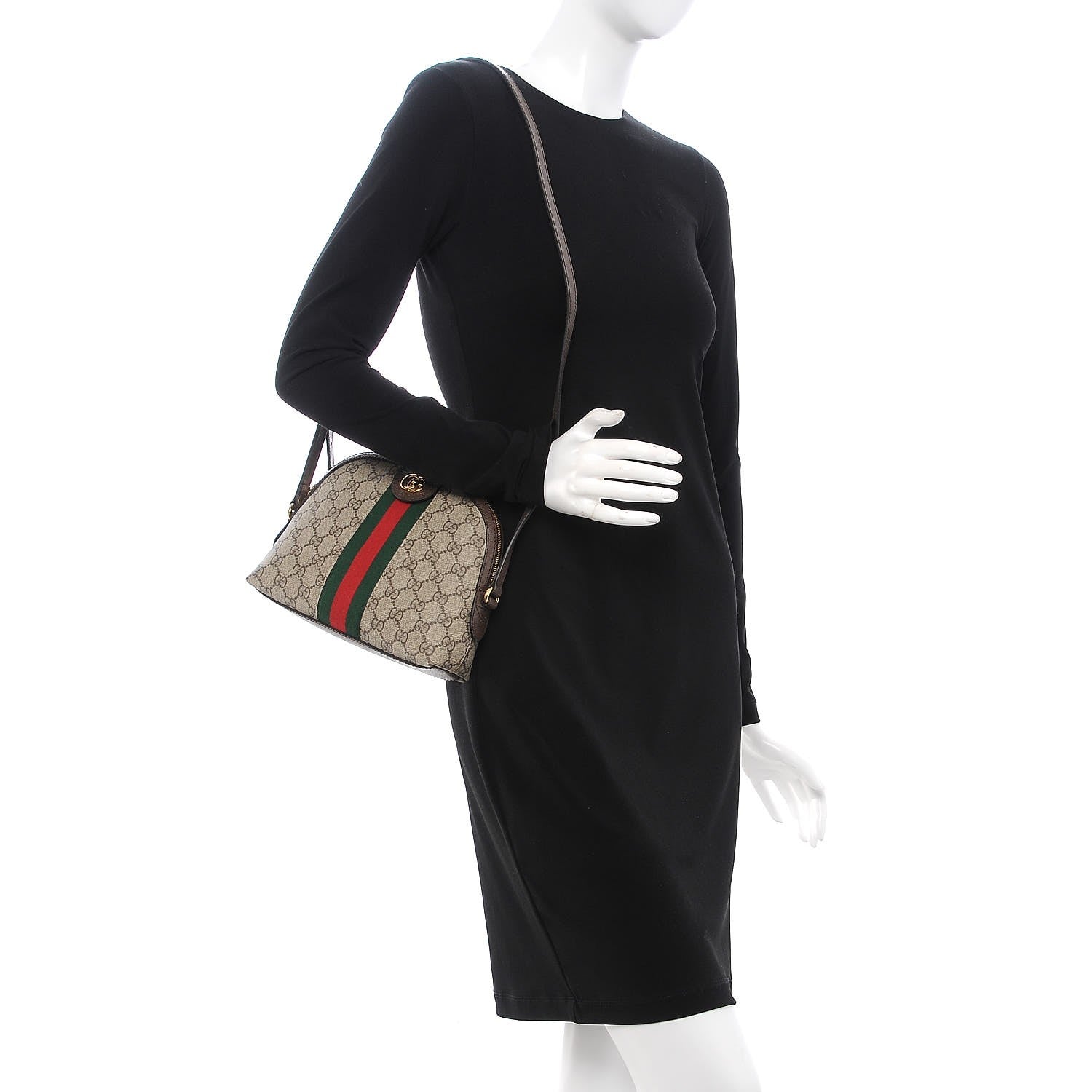 Gucci GG Supreme Monogram Textured Dollar Calfskin Web Small Ophidia Dome Shoulder Bag Beige Ebony New Acero 2 of 7