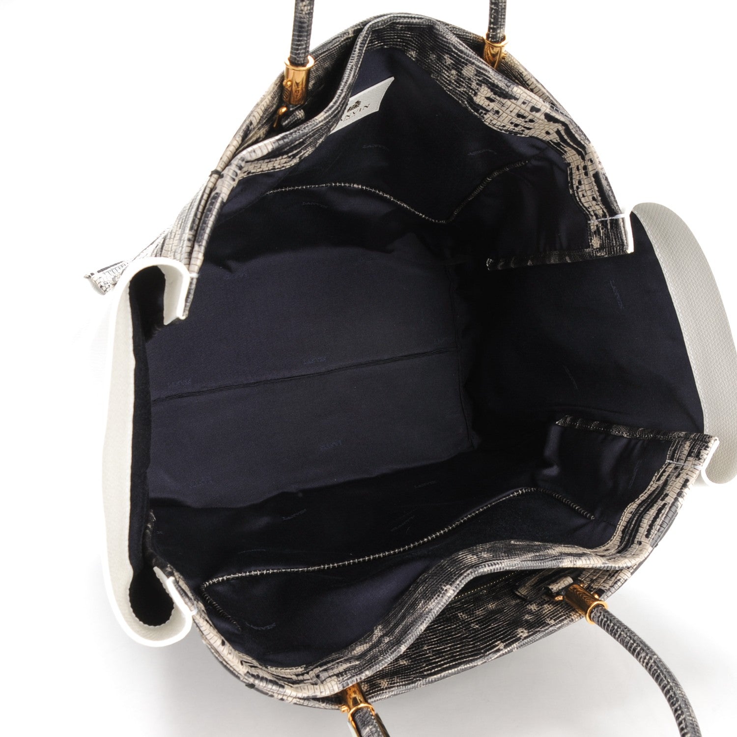 Lanvin Lizard Effect Moonriver Tote Calfskin Tote Black White 5 of 7