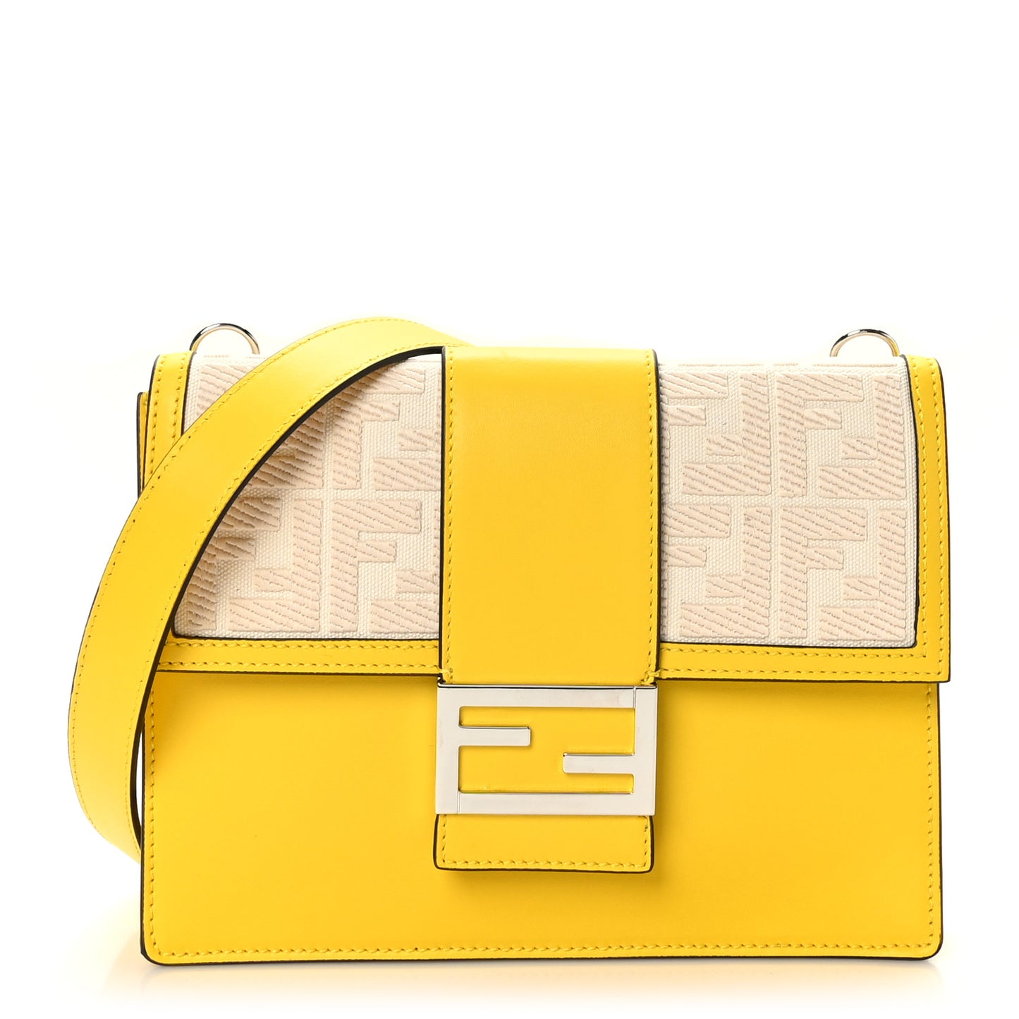 Canvas Vitello King FF Embroidered Medium Flat Baguette Grezzo Limone