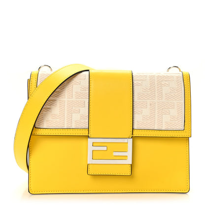 Fendi Canvas Vitello King FF Embroidered Medium Flat Baguette Grezzo Limone 1 of 9